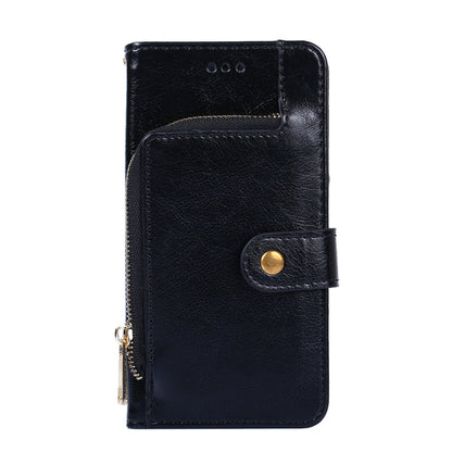 Black leather zipper phone case with flip cover and snap tab closure.