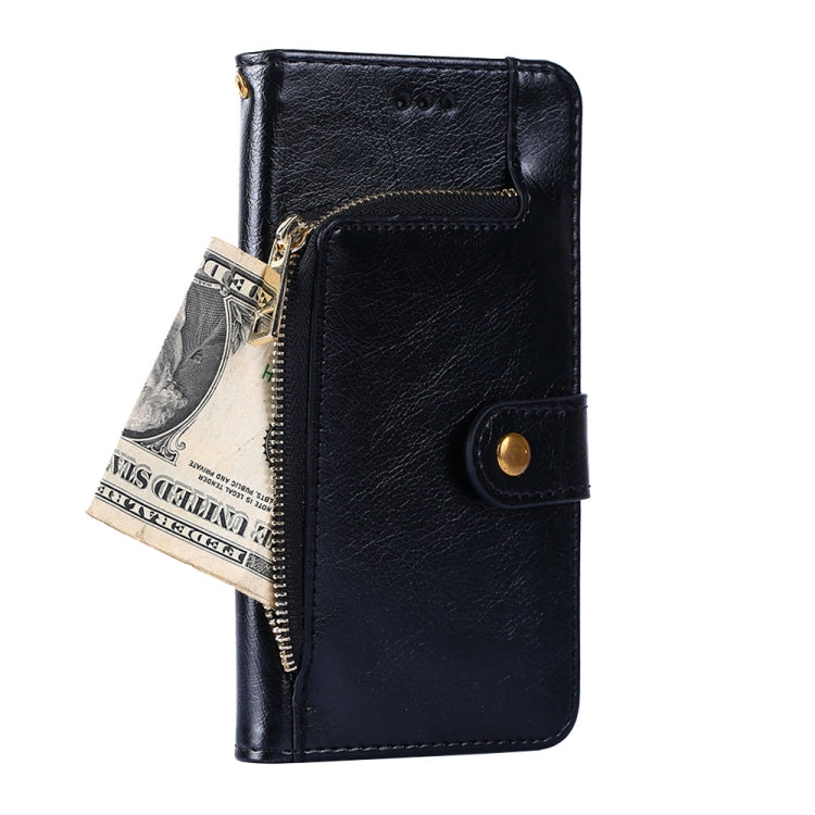Black leather zipper phone case with flip cover, zipper pull, and side card slot.