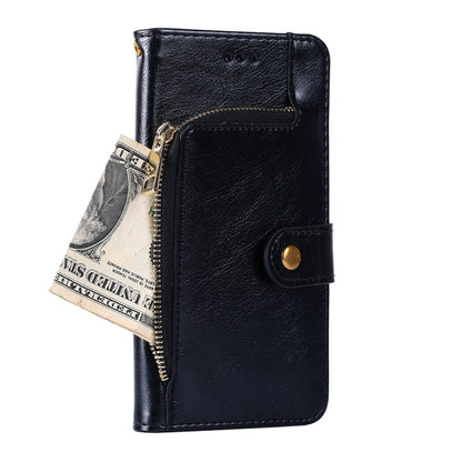 Black leather zipper phone case with flip cover, zipper pull, and side card slot.