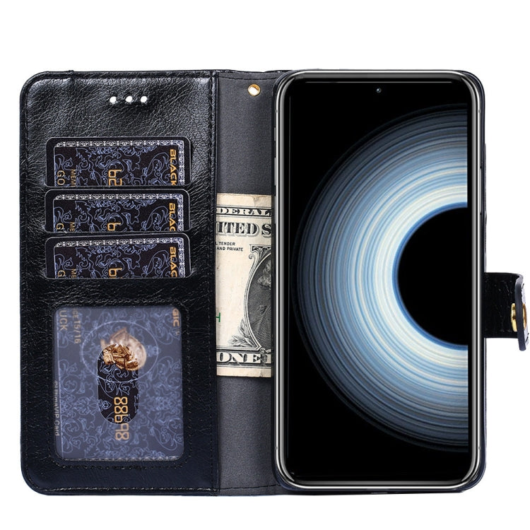 Black leather zipper phone case with wallet slots and phone secured in the flip cover.