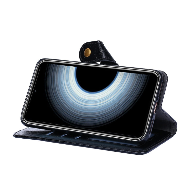 Black leather zipper phone case with flip stand position and magnetic tab closure.
