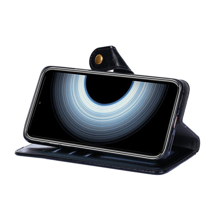 Black leather zipper phone case with flip stand position and magnetic tab closure.