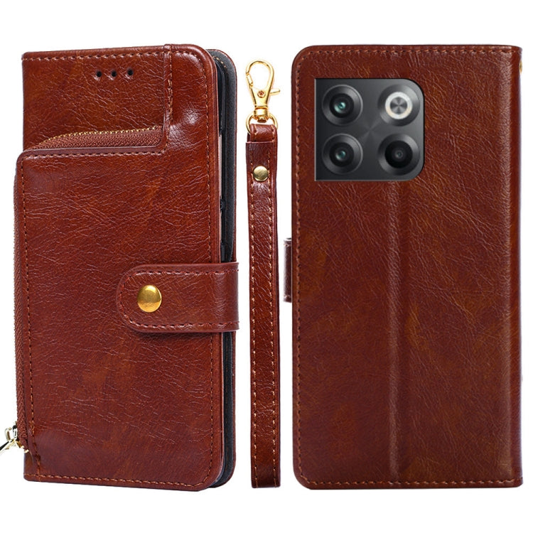 Brown leather zipper phone case with flip cover, card pocket, and gold-tone zipper.