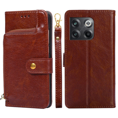 Brown leather zipper phone case with flip cover, card pocket, and gold-tone zipper.