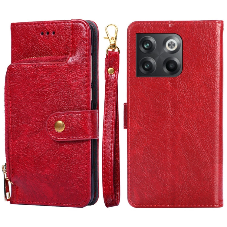 Red leather zipper phone case with flip cover, card pocket, and gold-tone zipper.