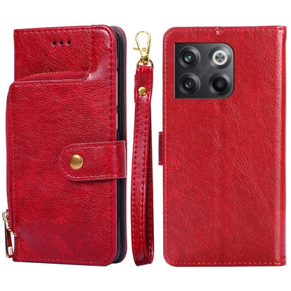 Red leather zipper phone case with flip cover, card pocket, and gold-tone zipper.