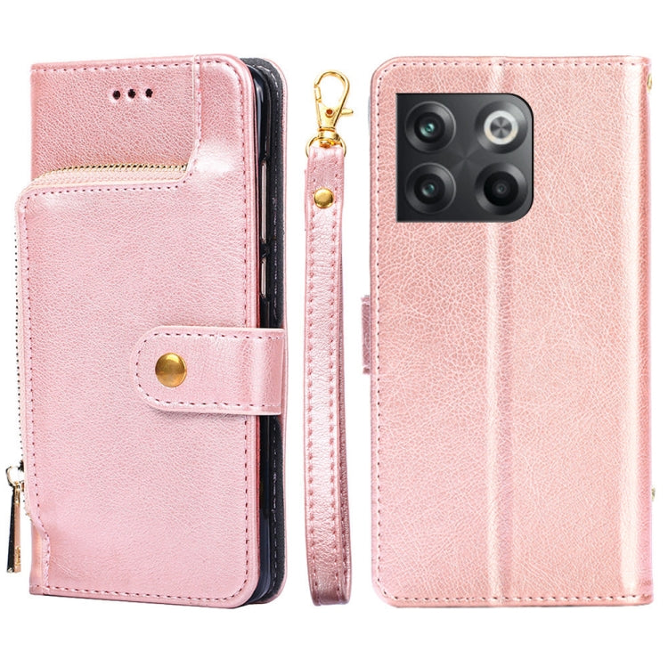 Rose gold leather zipper phone case with flip cover, card pocket, and gold-tone zipper.