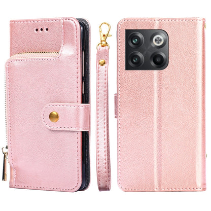 Rose gold leather zipper phone case with flip cover, card pocket, and gold-tone zipper.