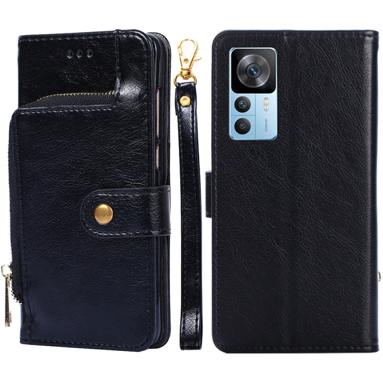 Black leather zipper phone case with flip cover and card pocket, shown front and back.