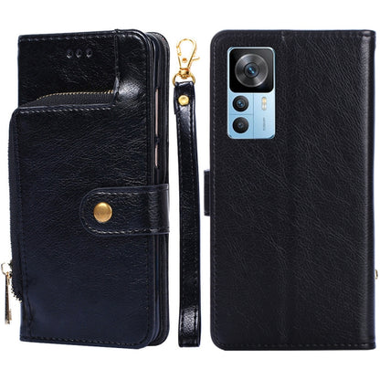 Black leather zipper phone case with flip cover and card pocket, shown front and back.