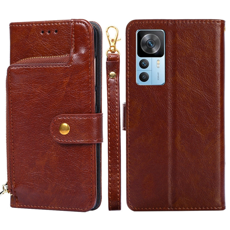 Brown leather zipper phone case with flip cover and card pocket, shown front and back.