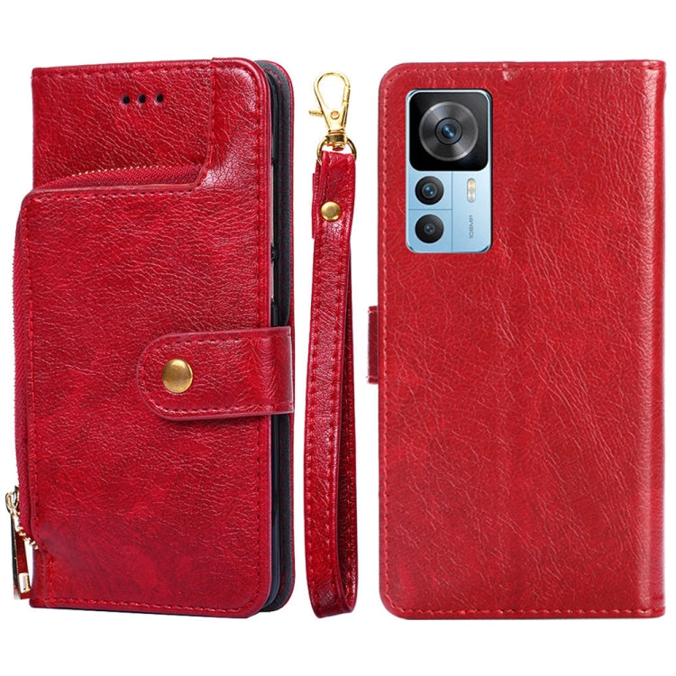 Red leather zipper phone case with card pocket and side strap; front and back shown