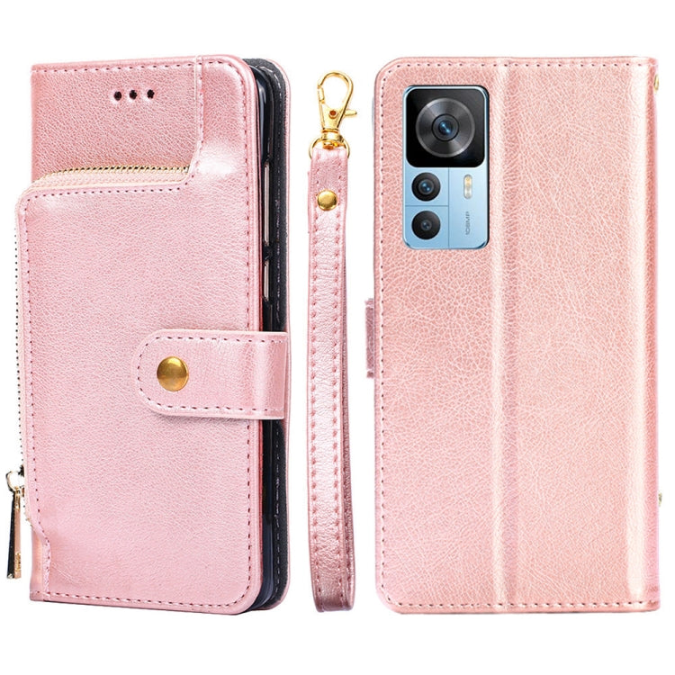 Rose pink leather zipper phone case with card pocket and side strap; front and back shown