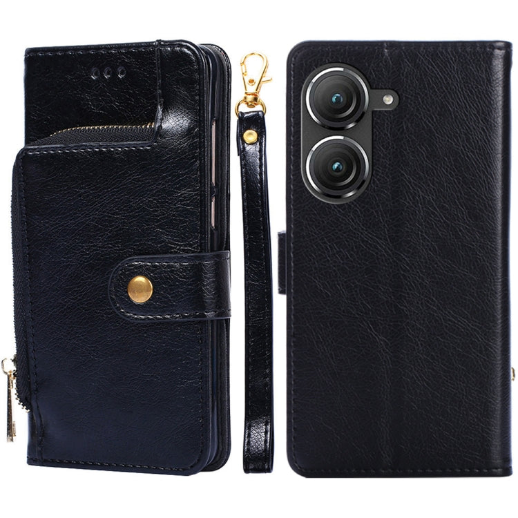 Black leather zipper phone case with card pocket and side strap; front and back shown