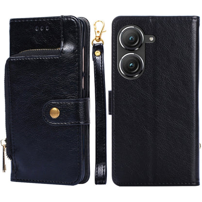 Black leather zipper phone case with card pocket and side strap; front and back shown