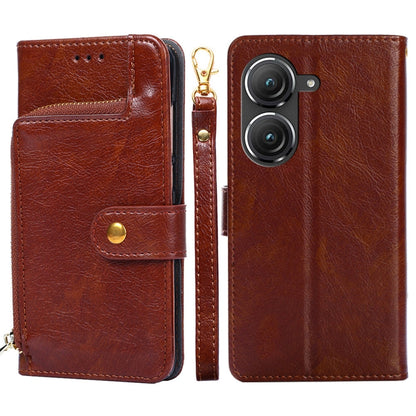Brown leather zipper phone case with card pocket and side strap; front and back shown