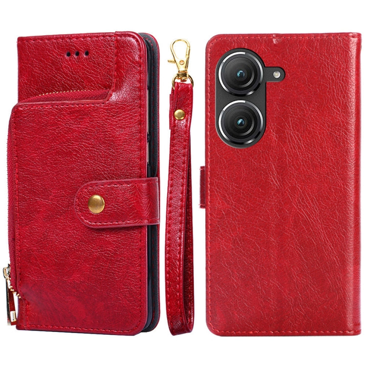 Red leather zipper phone case with card pocket and side strap; back camera cutout visible