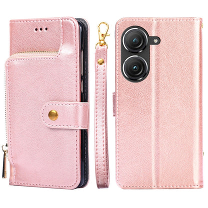 Rose pink leather zipper phone case with card pocket and side strap; back camera cutout visible