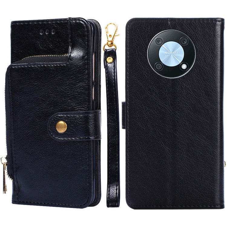 Black leather zipper phone case with card pocket and side strap; back camera cutout visible