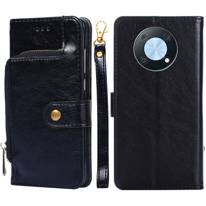 Black leather zipper phone case with card pocket and side strap; back camera cutout visible