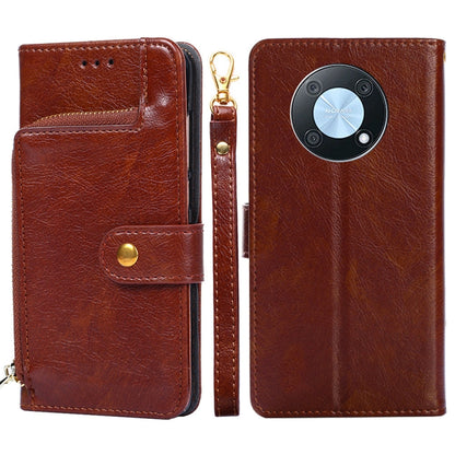 Brown leather zipper phone case with card pocket and side strap; back camera cutout visible