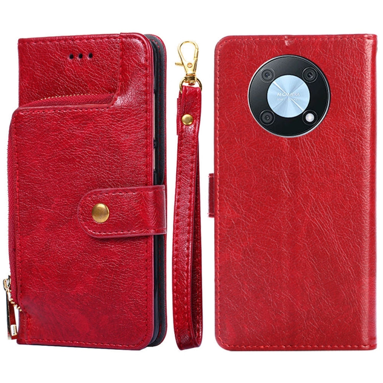 Red leather zipper phone case with card pocket and side strap; zip pull centered