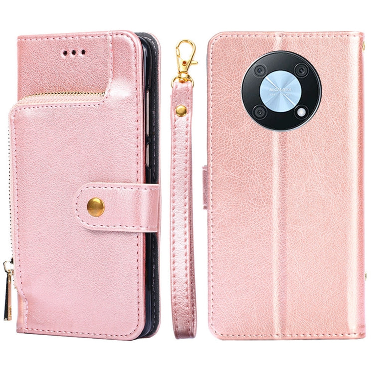 Rose pink leather zipper phone case with card pocket and side strap; zip pull centered