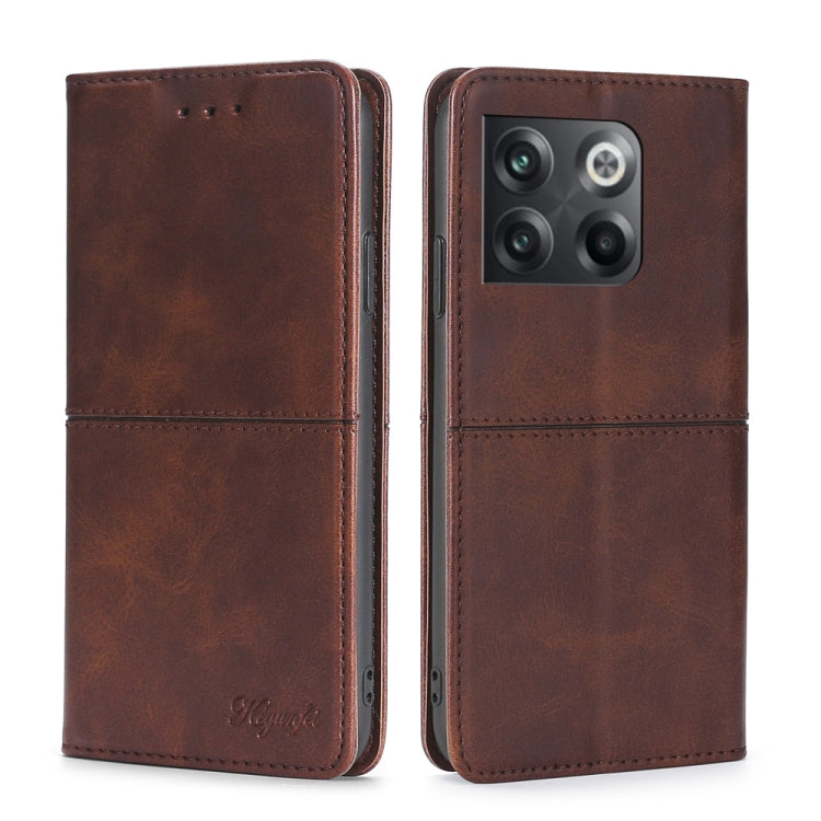 Dark brown magnetic flip phone case with cow texture and card slot cutouts