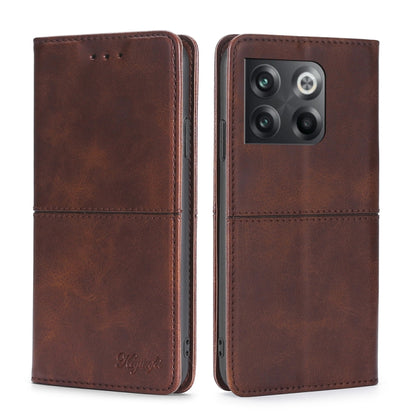 Dark brown magnetic flip phone case with cow texture and card slot cutouts