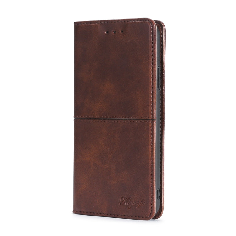 Dark brown magnetic flip phone case with cow texture and stitched edges