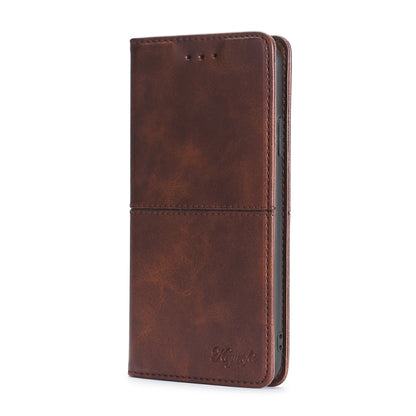 Dark brown magnetic flip phone case with cow texture and stitched edges