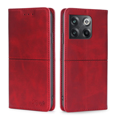 Red magnetic flip phone case with cow texture and visible camera cutout