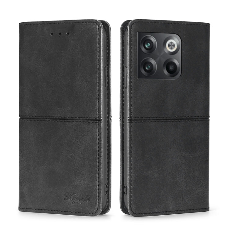 Black magnetic flip phone case with cow texture and stitched leather-look panels