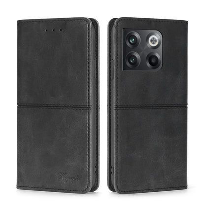 Black magnetic flip phone case with cow texture and stitched leather-look panels
