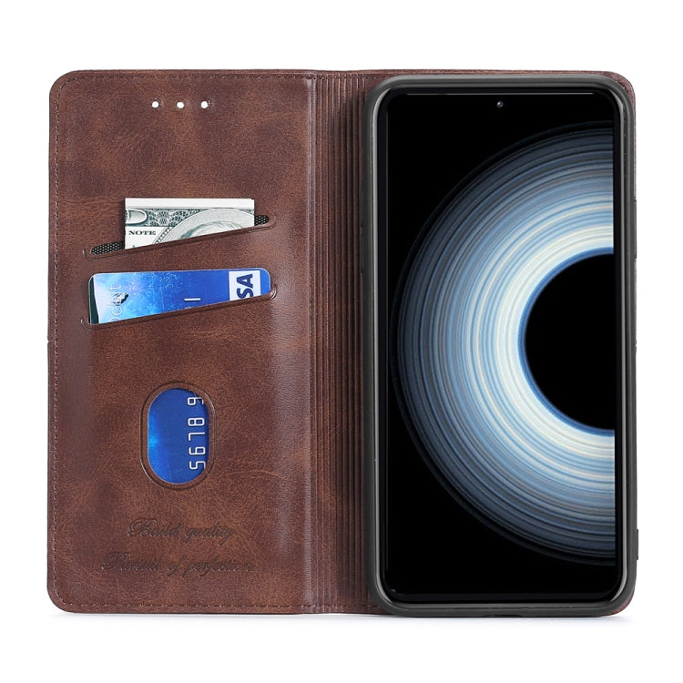 Brown leather flip phone case with card slot and magnetic closure, open view