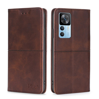 Dark brown magnetic flip phone case with cow texture and side access cutouts