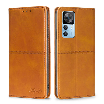 Light brown magnetic flip phone case with cow texture and camera module window