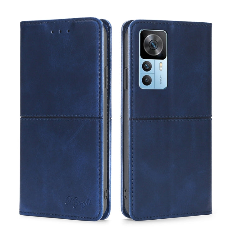 Blue magnetic flip phone case with cow texture and camera cutout
