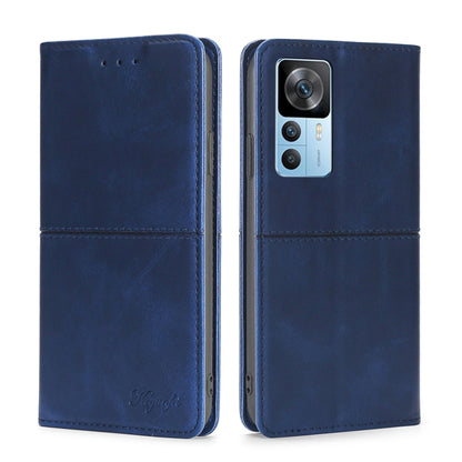 Blue magnetic flip phone case with cow texture and camera cutout