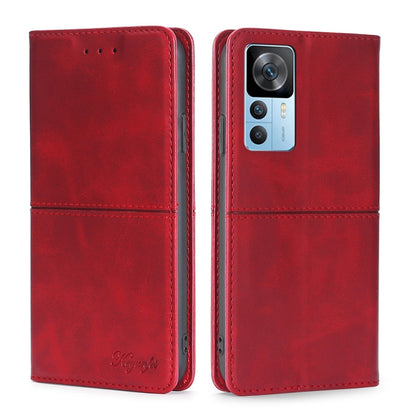 Red magnetic flip phone case with cow texture and camera window