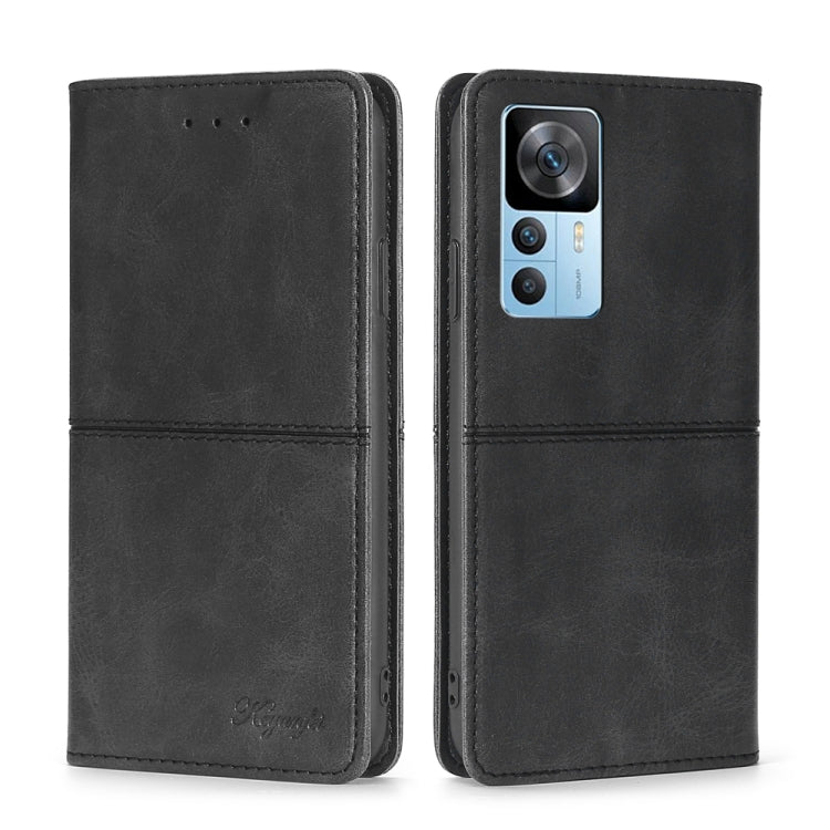 Black leather magnetic flip phone case with dual camera cutout and card slots
