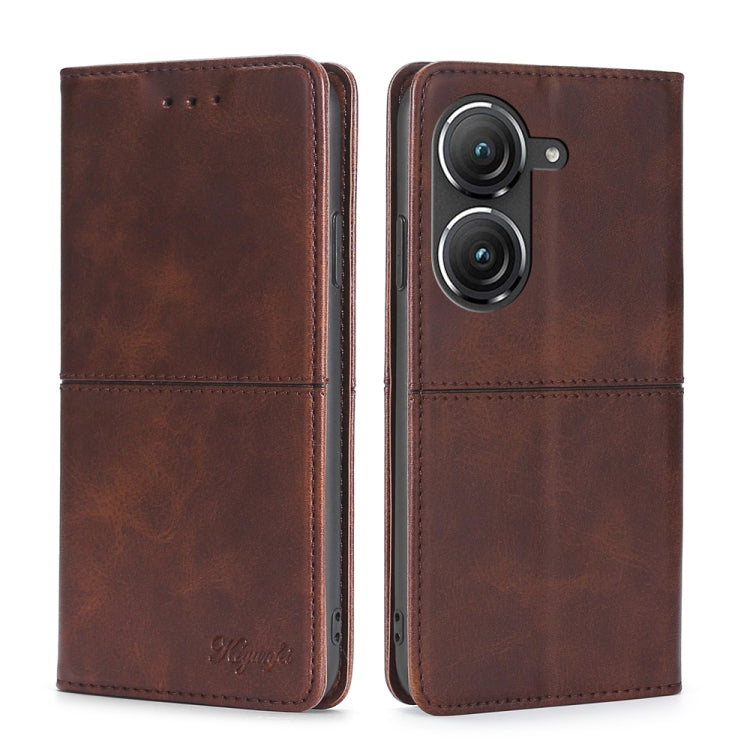 Dark brown leather magnetic flip phone case with dual camera cutout and card slots