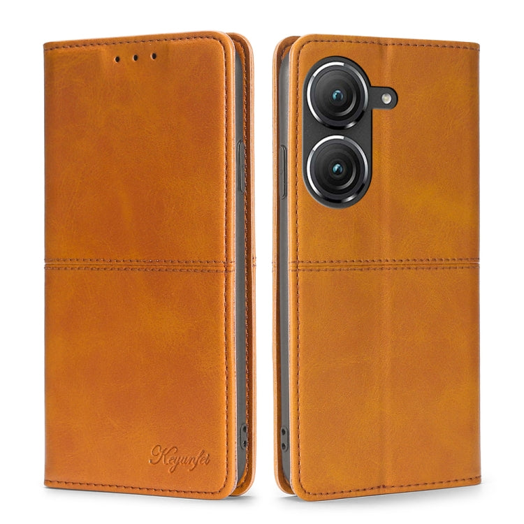 Light brown leather magnetic flip phone case with dual camera cutout and card slots
