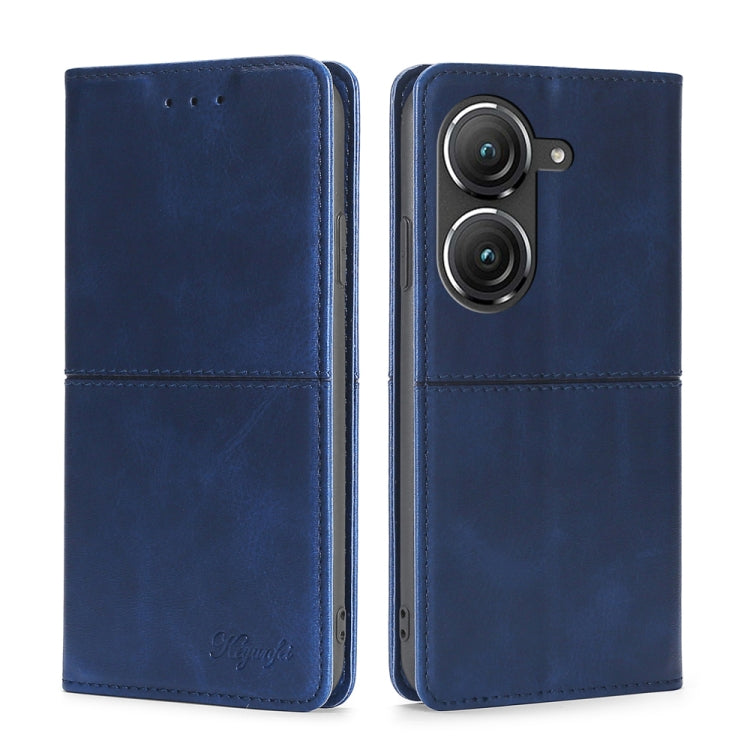 Blue leather magnetic flip phone case with dual camera cutout and card slots