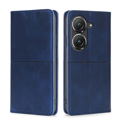 Blue leather magnetic flip phone case with dual camera cutout and card slots
