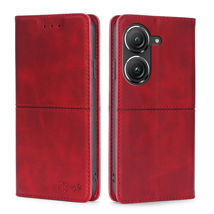 Red leather magnetic flip phone case with dual camera cutout and card slots