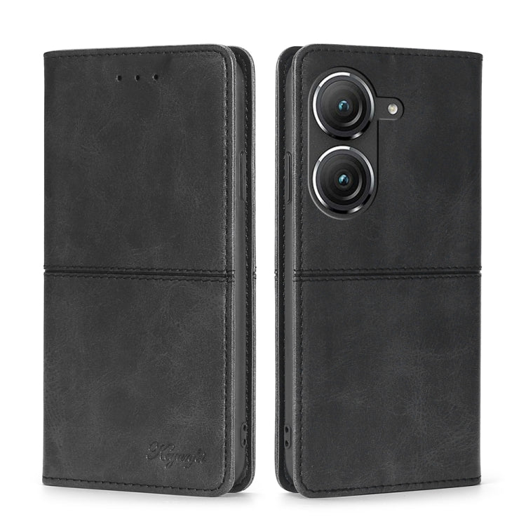 Black leather magnetic flip phone case with circular camera module cutout and card slots
