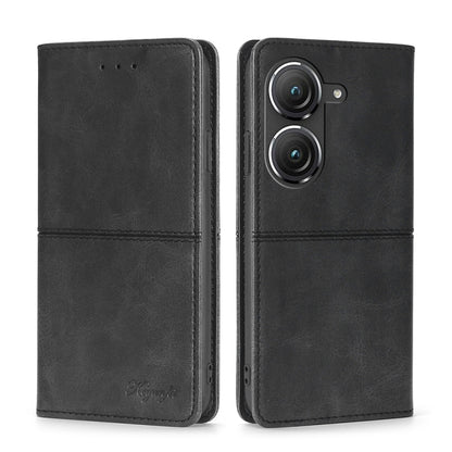 Black leather magnetic flip phone case with circular camera module cutout and card slots