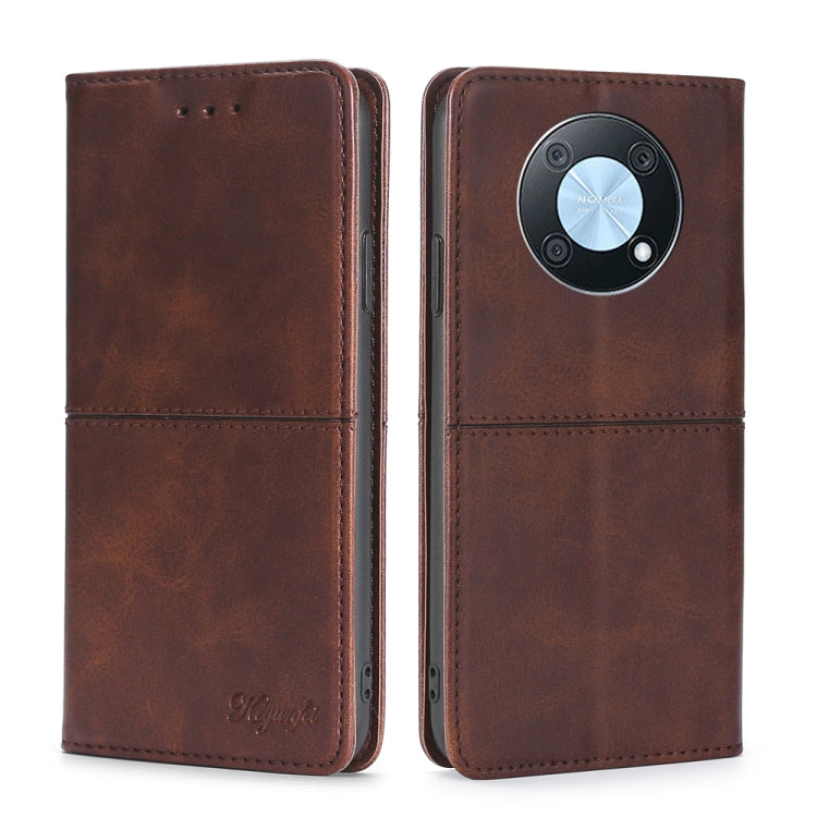 Brown leather magnetic flip phone case with circular camera module cutout and card slots