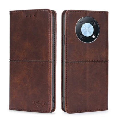 Brown leather magnetic flip phone case with circular camera module cutout and card slots